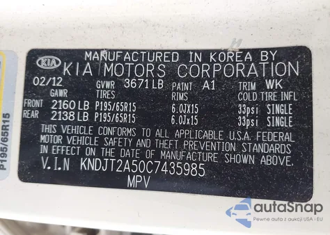 2012 Kia Soul z USA, uszkodzony, nr VIN KNDJT2A50C7435985